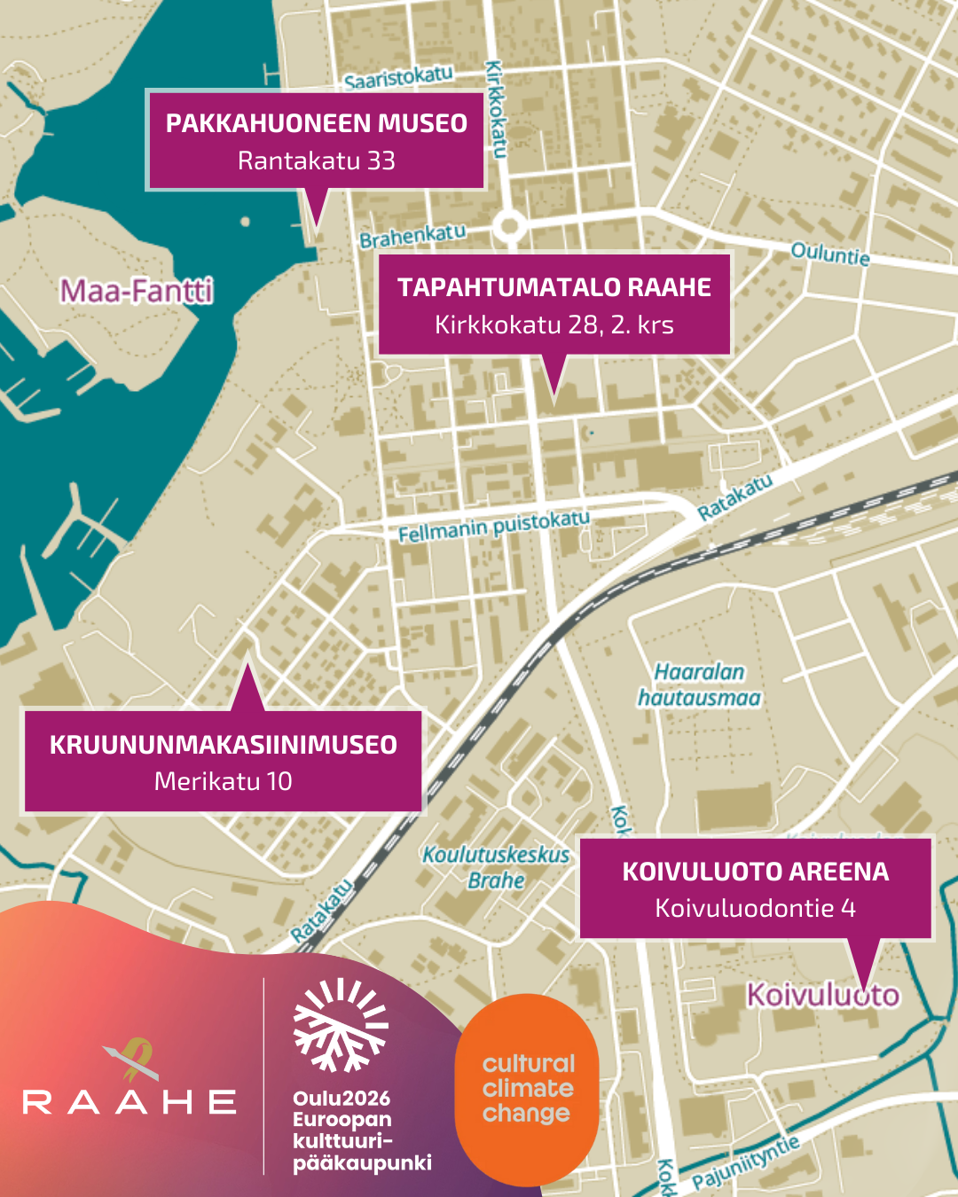 Tapahtumapaikkojen sijainnit kartalla.