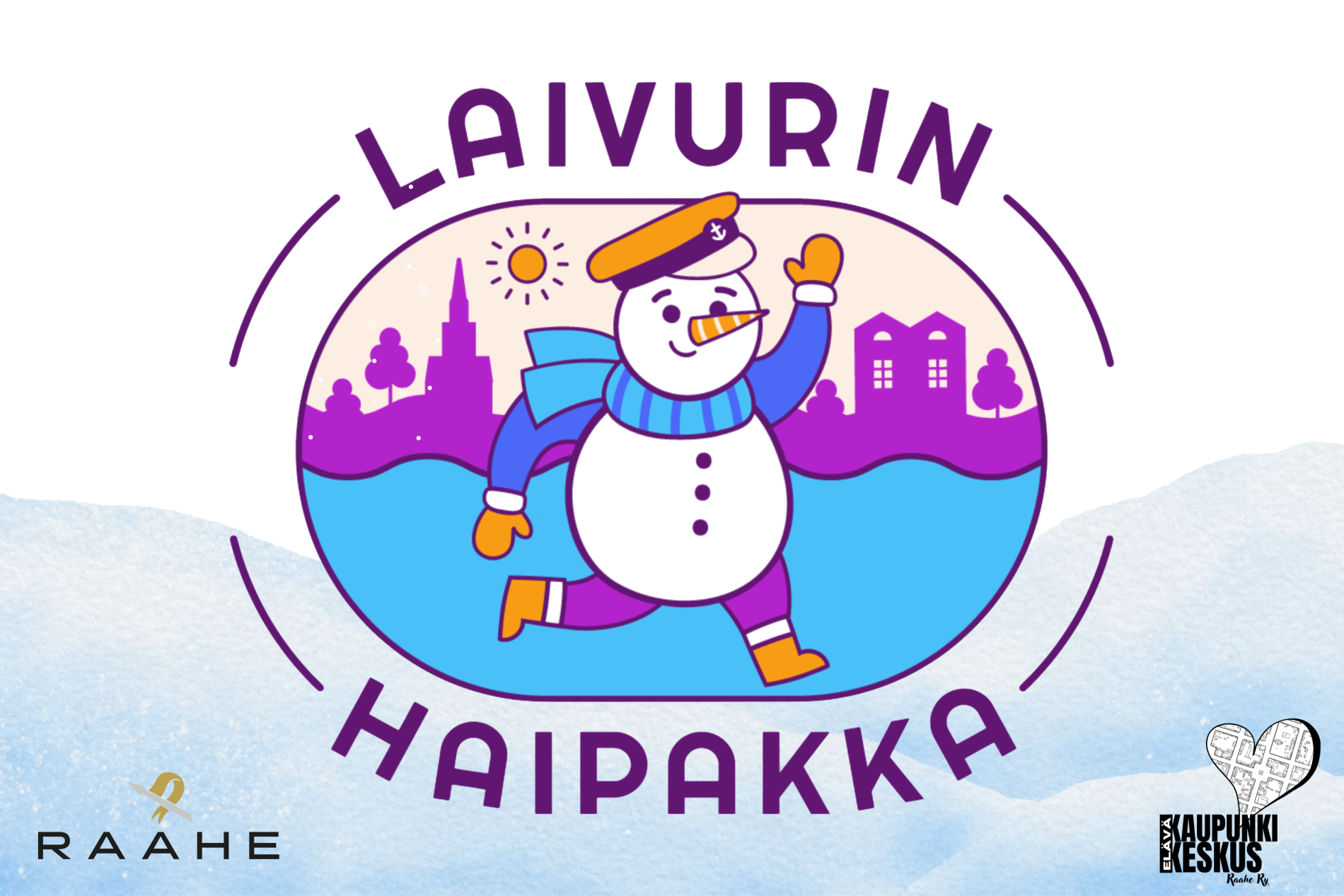Laivurin Haipakka -tapahtuman mainoskuva, jossa piirretty lumiukko kaupunkimiljöössä.