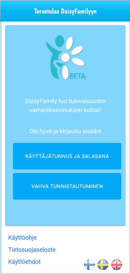 Kuvassa DaisyFamily-sovelluksen kirjautumissivu.