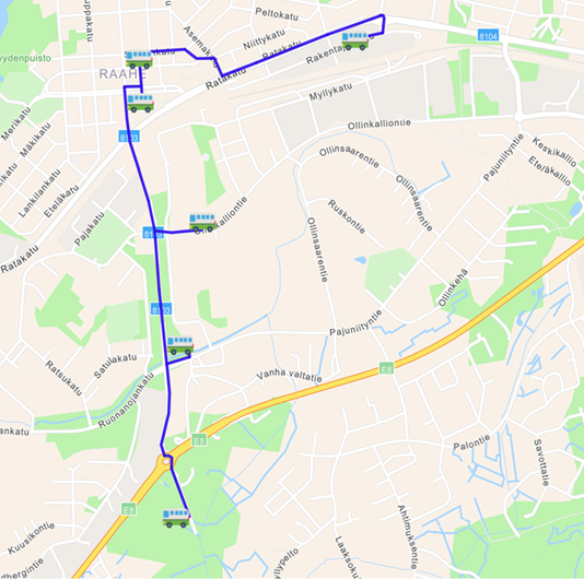 Kauppakyydin liikennöintialue kartalla.