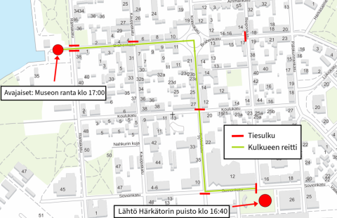 Pekanpäivien avajaisten tiesulut ja reitti.