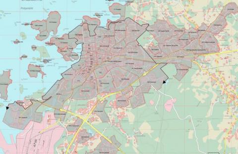 Kuvassa on Raahen kaupungin kaupunginosien rajat kartalla.
