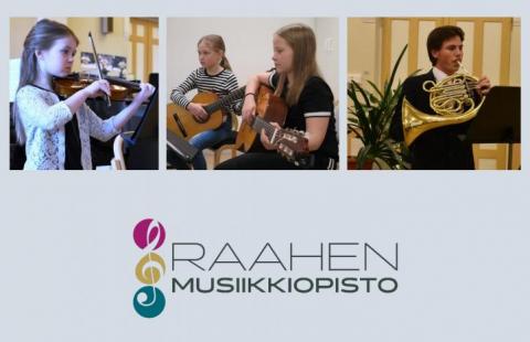 Musiikkiopiston soittavia oppilaita ja opiston logo