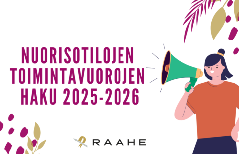 Nuorisotilojen toimintavuorojen haku 2025-2026 teksti, jonka vieressä oranssipaitainen piirretty nainen pitelee kädessään vihreää megafonia.