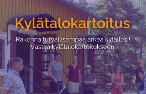 Kuva: Kylävara -hanke. Kuvassa teksti: Kylävarakartoitus ja kuva kylätalosta, jossa ihmisiä verannalla.