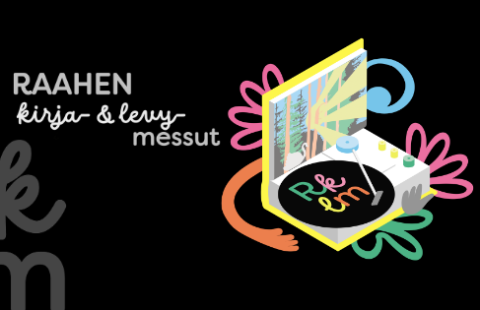 Raahen kirja- ja levymessujen kuvituskuva, jossa on värikäs kirja ja levysoitin.