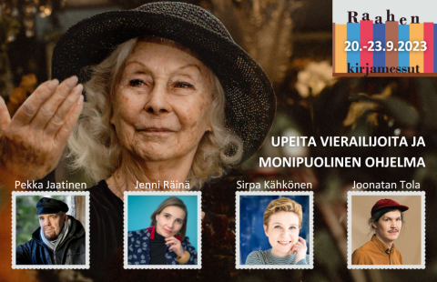 Raahen kirjamessut. Kuvassa Seela Sella, kirjailijavieraita Pekka Jaatinen, Jenni Räinä, Sirpa Kähkönen ja Joonatan Tola.