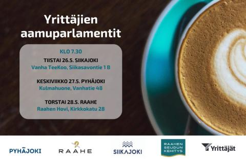 Aamuparlamenttien aikataulu, Raahen seudun logot ja taustalla kahvikuppi.