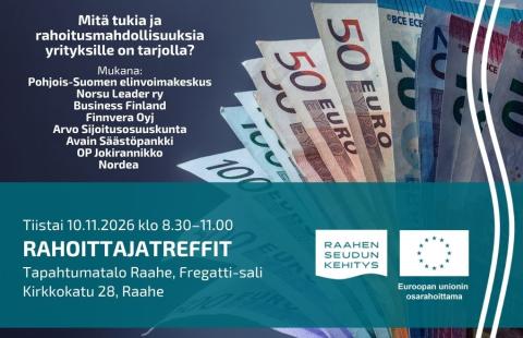 Tilaisuuden tiedot ja lista osallistuvista rahoittajien edustajista. Taustalla seteliviuhka.