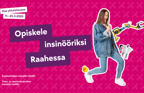 Nuori henkilö pinkillä taustalla ja teksti opiskele insinööriksi Raahessa.