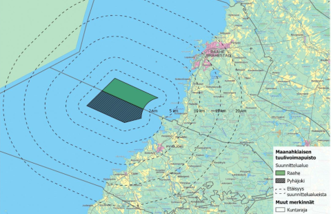 Karttaan merkitty suunnittelualueen sijainti Raahen ja Pyhäjoen edustalla rannikolla. 