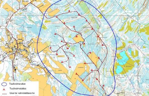 Kuvassa on 28.5.2013 päivätty yleissuunnitelmaluonnos Hummastinvaaran suunnitellusta tuulivoima-alueesta.