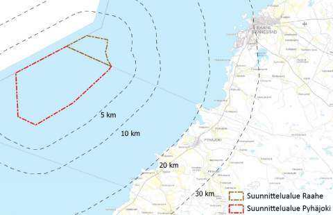 Kaava-alueen rajaus ja sen etäisyys mereltä mantereelle esitettynä taustakartalla.