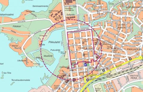 Opaskartalla esitettynä Akm 242 kaavanrajaus. Kuva Raahen kaupunki 2019.