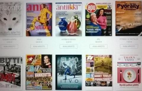 eMagz, kuva kirjasto Kotimaisten aikakauslehtien kansikuvia kahdessa rivissä.