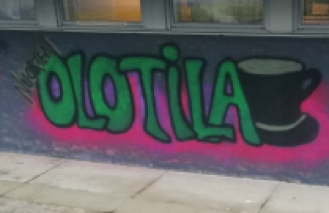 Kuvassa Vihannin nuorisotilan Olotilan ulkoseinän graffiti.