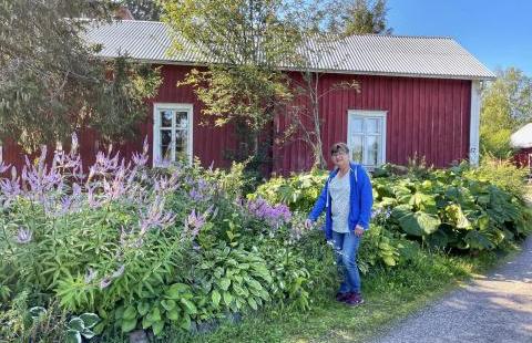 Kuva: Tarmo Somero. Tita puutarhassaan punaisen tupansa edustalla.