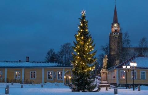 Photo: Trade House of Lang. Blue hour at Pekkatori Square in Old Raahe. An illuminated Christmas tree at the forefront.