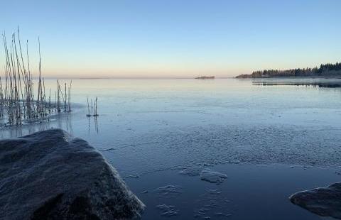 Hiljalleen jäätymässä olevaa merenrantaa alkutalven hämärässä.