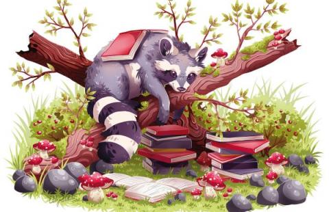 Pesukarhu makaa puussa kirja selässä.
