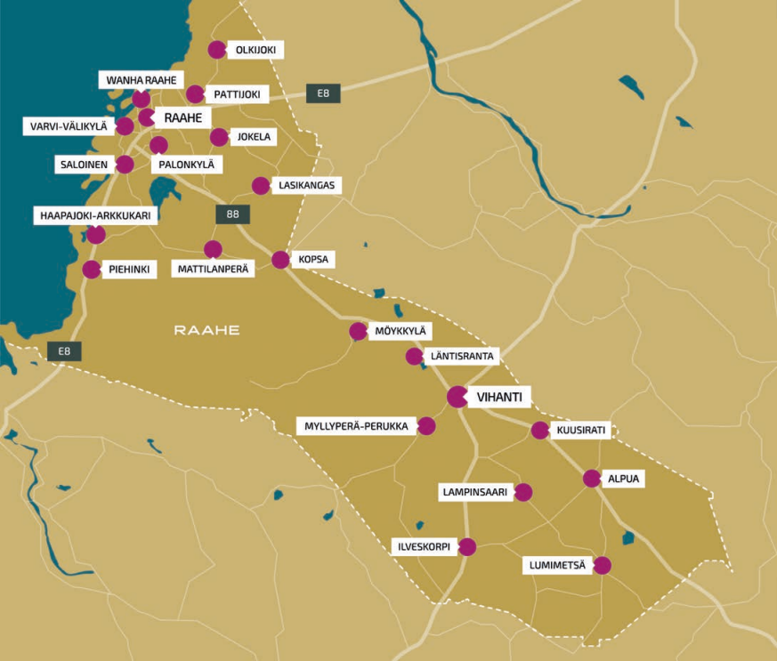 Kartta koko Raahen alueesta kylineen ja kaupunginosineen.